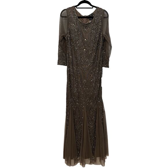 NWT PISARRO NIGHTS $268 Mocha Sequin Illusion Mesh 3/4 Sleeve Gown Size 14 - Picture 6 of 11